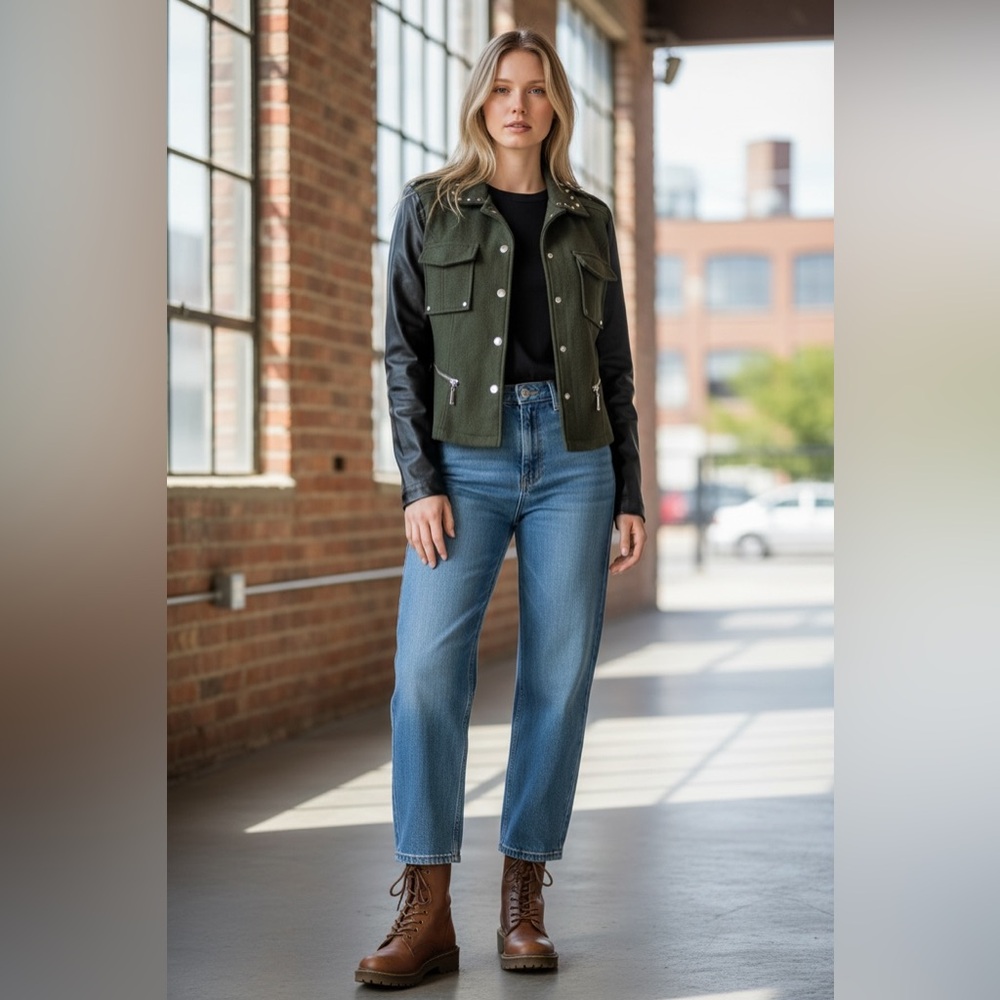 J2 by Jou Jou Studded Mixed Media Moto Jacket - Size Large